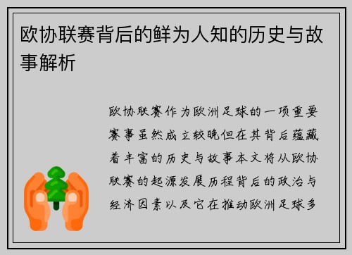 欧协联赛背后的鲜为人知的历史与故事解析